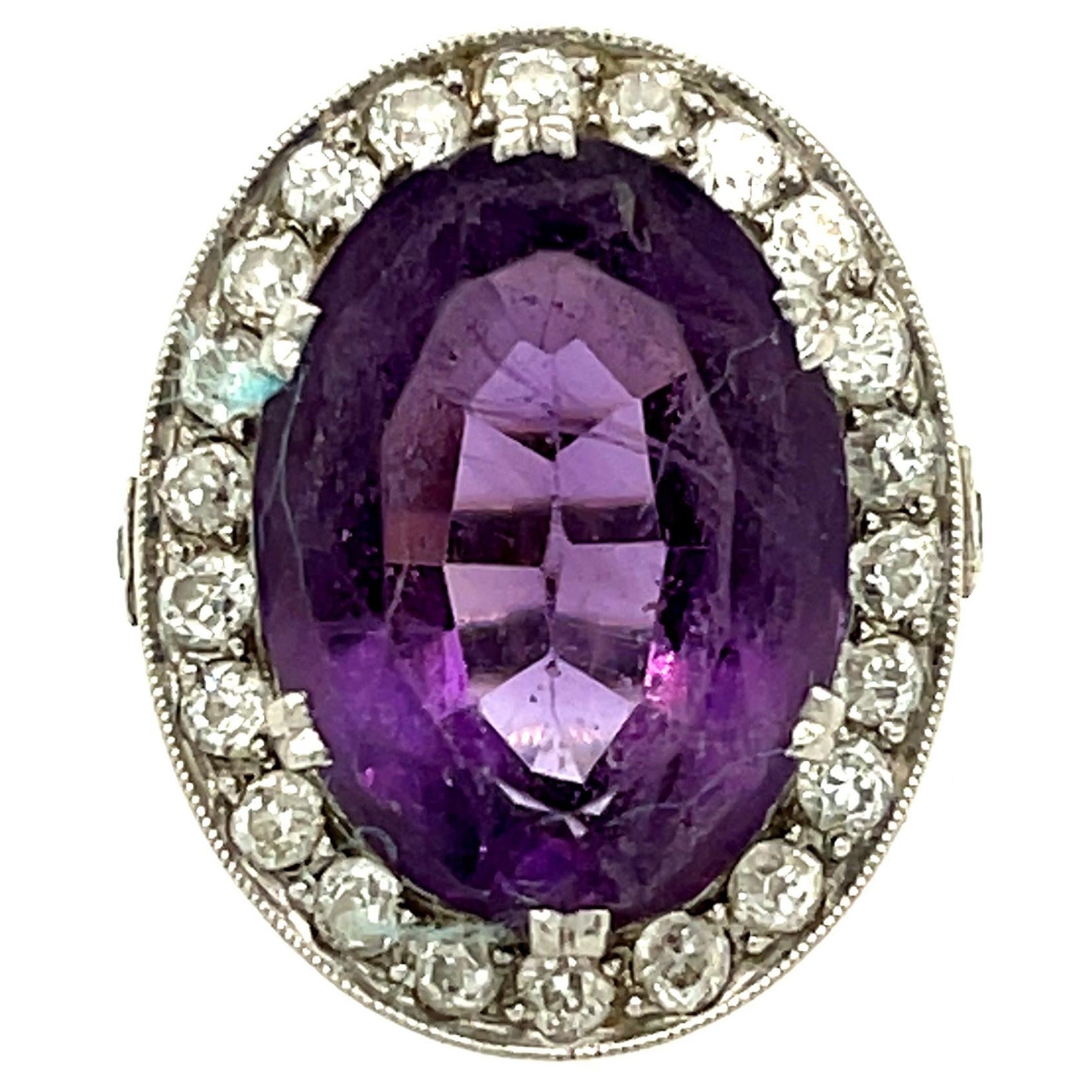 Antique Edwardian Platinum Diamond Oval Amethyst Ring