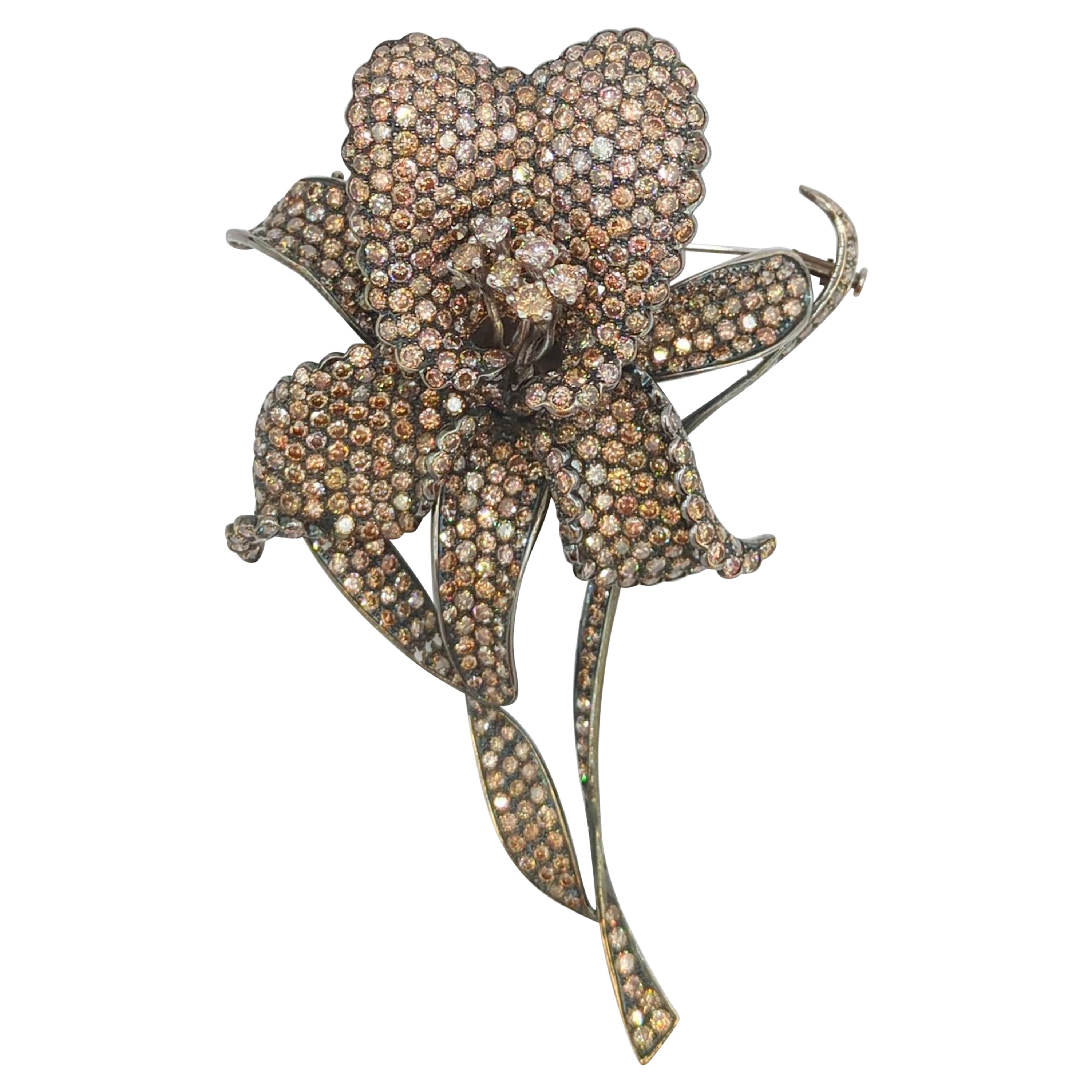 Champagne Diamond Floral Brooch in 18K White Gold & Black Rhodium For Sale