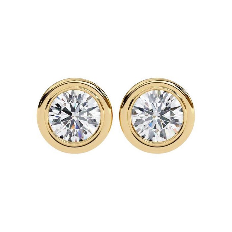Diamond Bezel Stud Earrings 1/2 carat total weight 14k solid gold For Sale