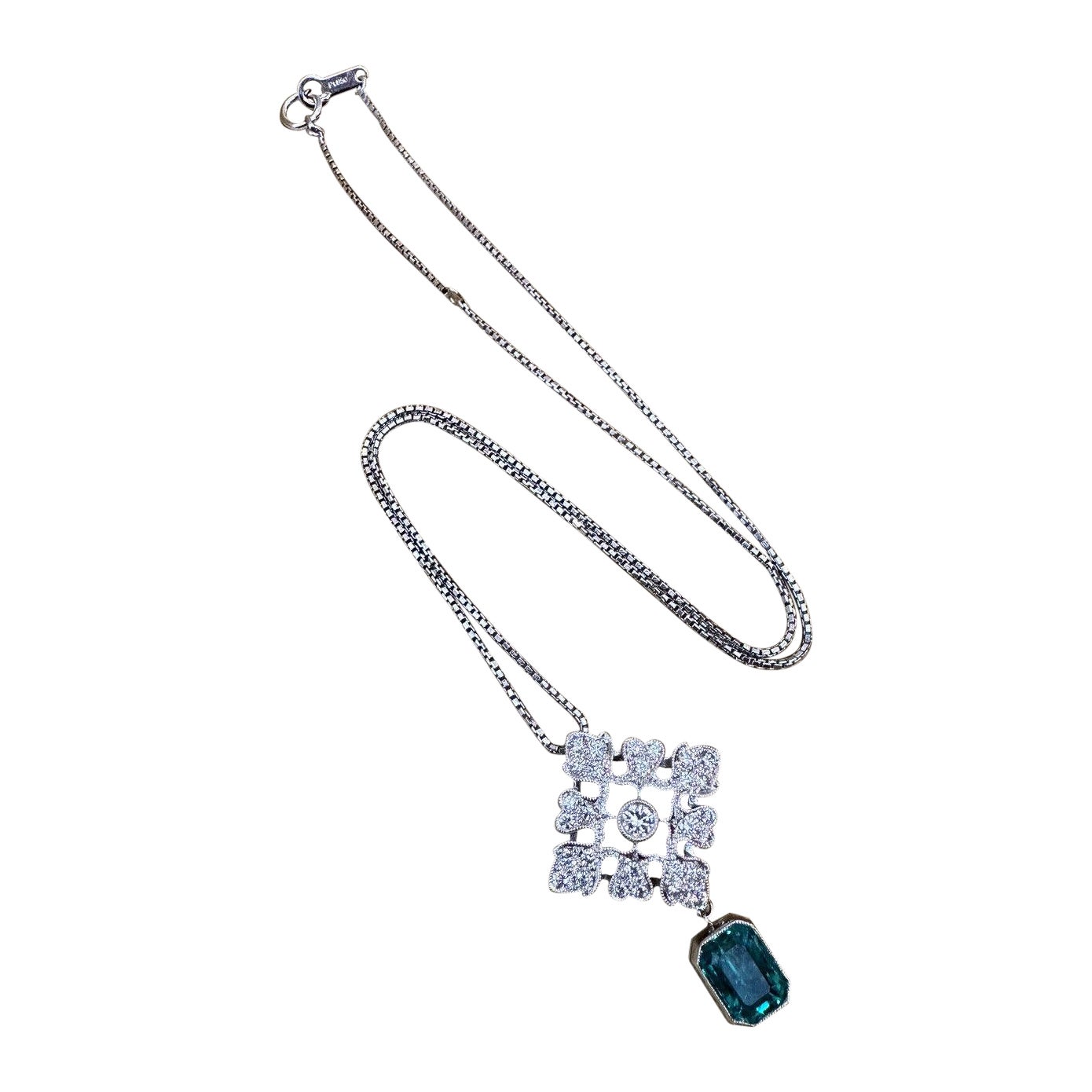 Emerald Drop and Diamond Pendant Necklace in Platinum For Sale