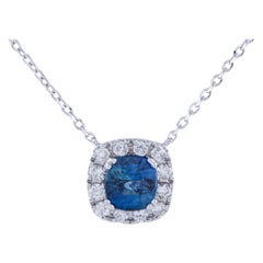 14K White Gold Halo Pendant Necklace with Cushion Sapphire and Diamonds