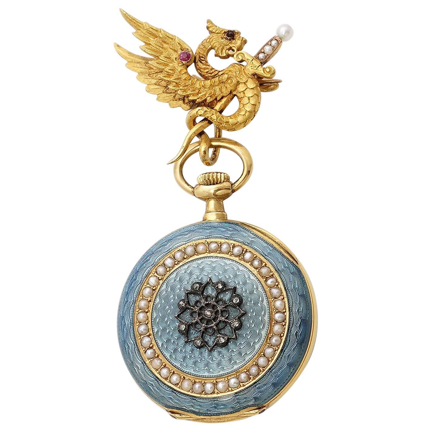 Antique French  Gold Enameled Griffon Pendant Pocket Watch