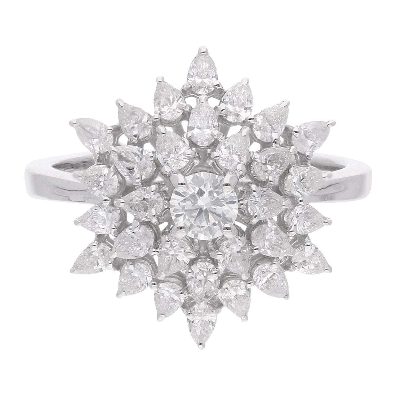 Natural 1.23 Carat Round & Pear Diamond Flower Ring 14 Karat White Gold Jewelry For Sale