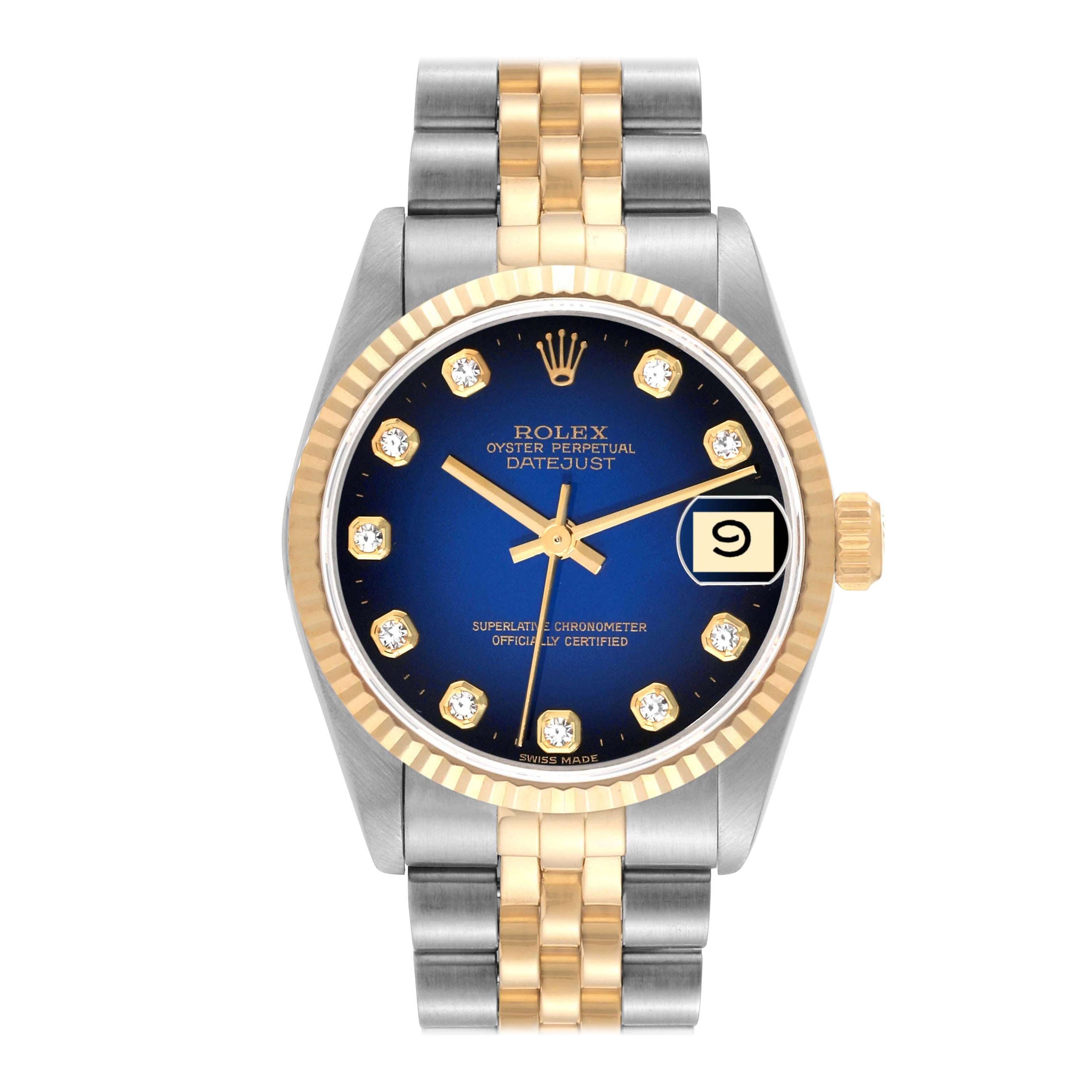 Rolex Datejust Midsize Steel Yellow Gold Blue Vignette Diamond Dial Ladies Watch For Sale