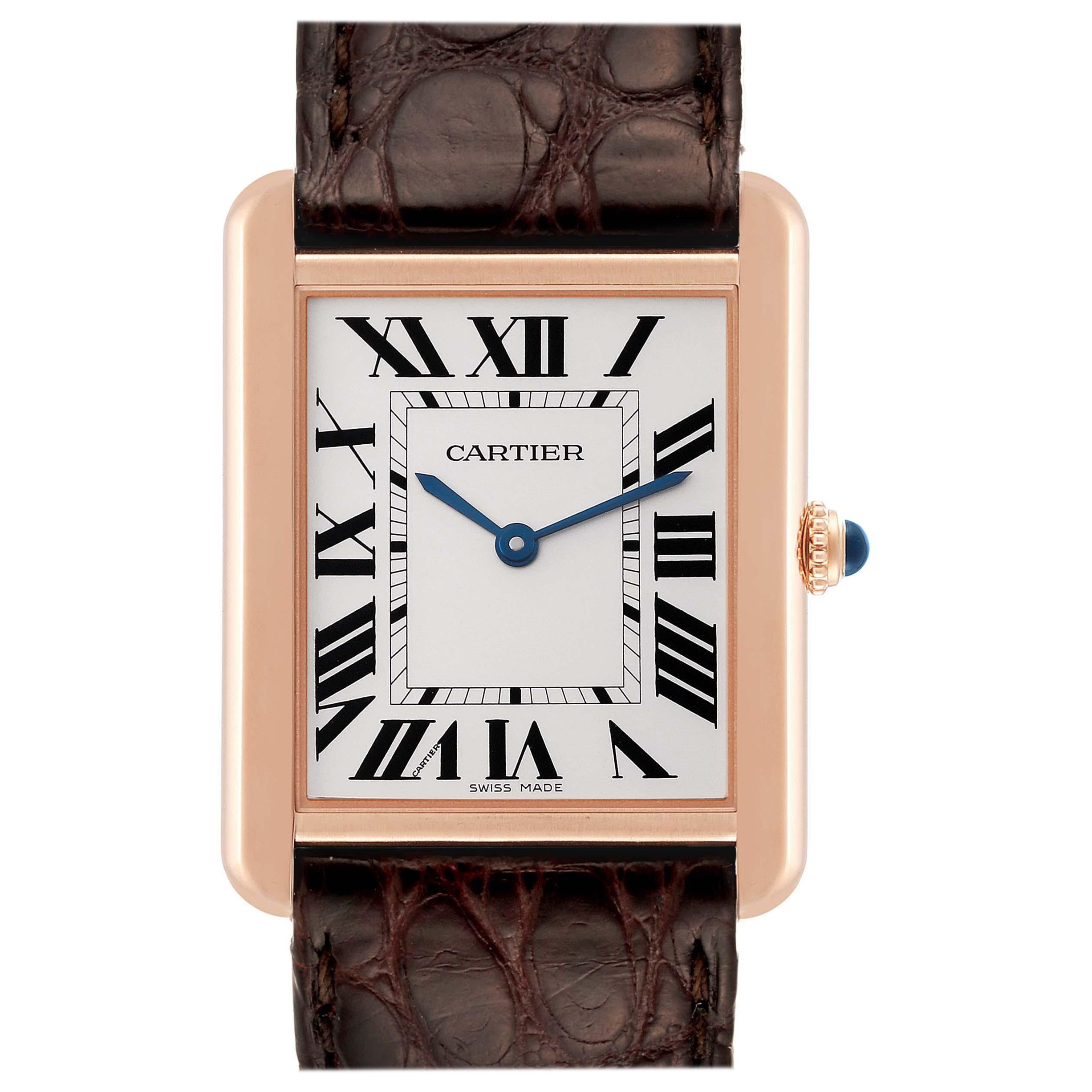 Cartier Tank Solo Large Rose Gold Steel Brown Strap Mens Watch W5200025 For Sale