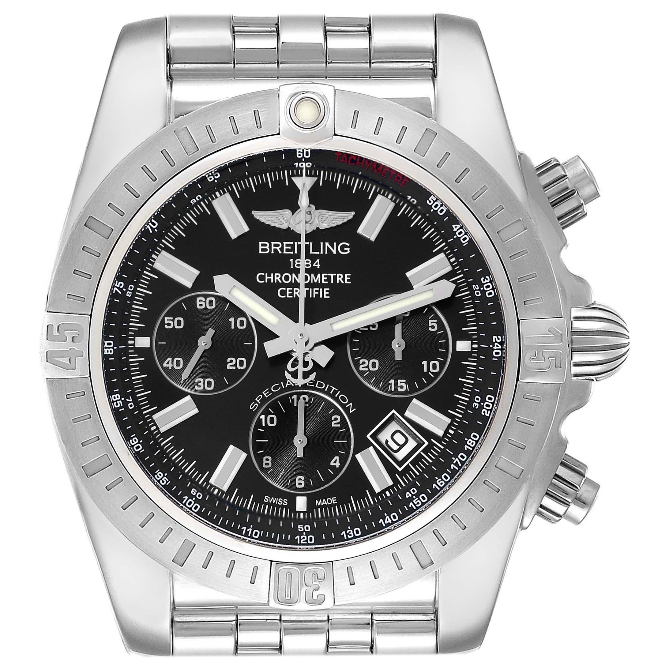 Breitling Chronomat 44 Black Dial Steel Mens Watch AB0115 Box Card For Sale