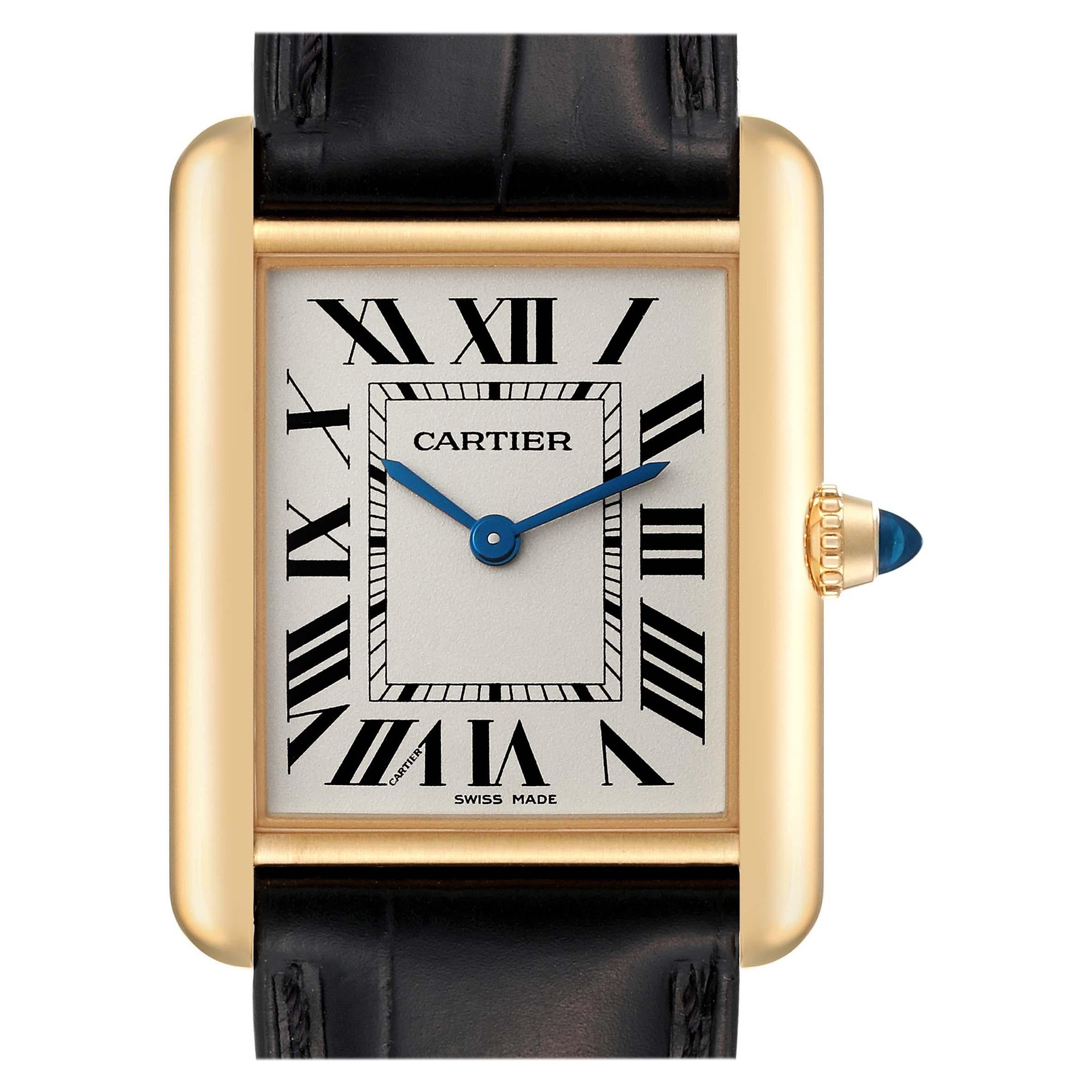 Cartier Tank Louis Yellow Gold Black Strap Mens Watch WGTA0067 Card For Sale