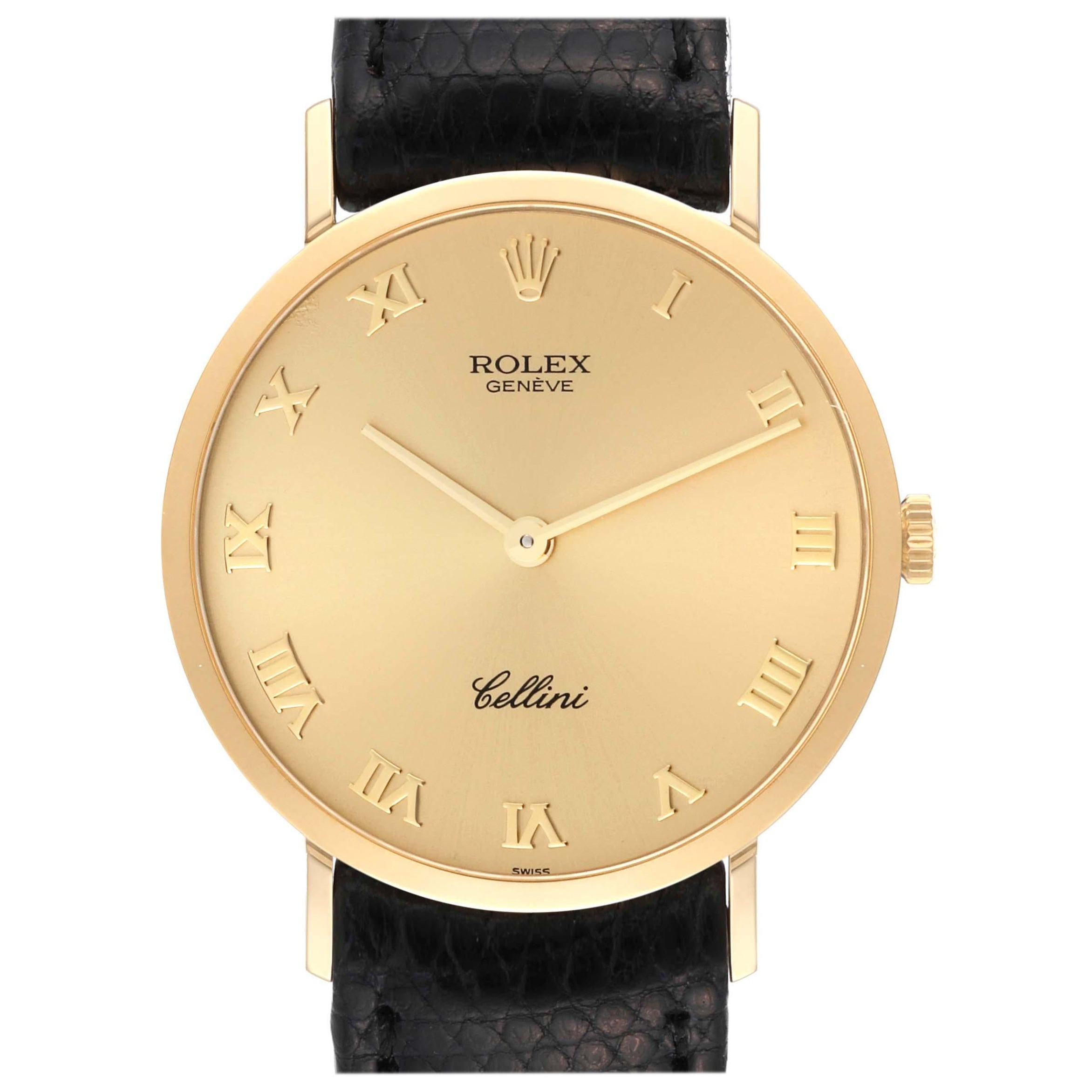 Rolex Cellini Classic Yellow Gold Black Strap Mens Watch 4112