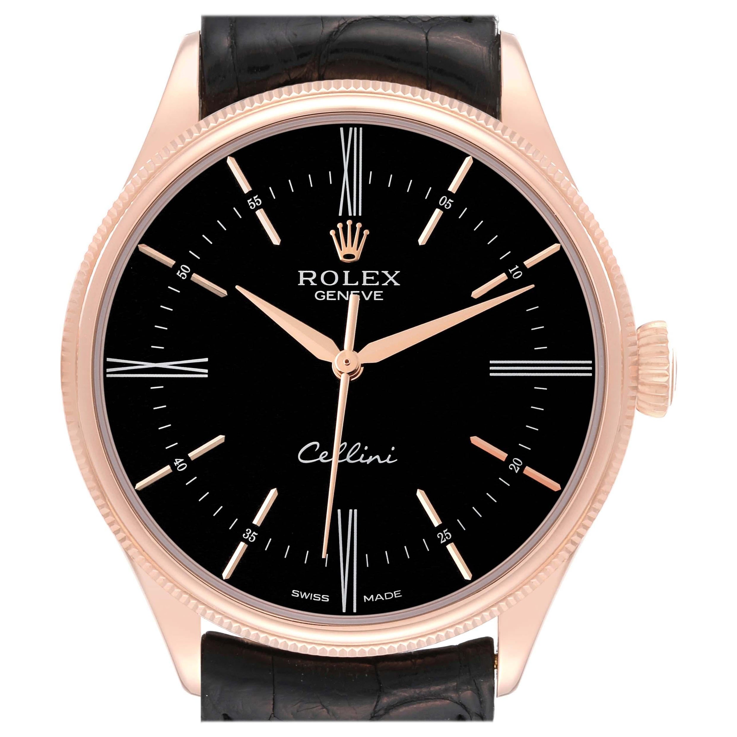 Rolex Cellini Time Rose Gold Black Dial Mens Watch 50505 Card For Sale