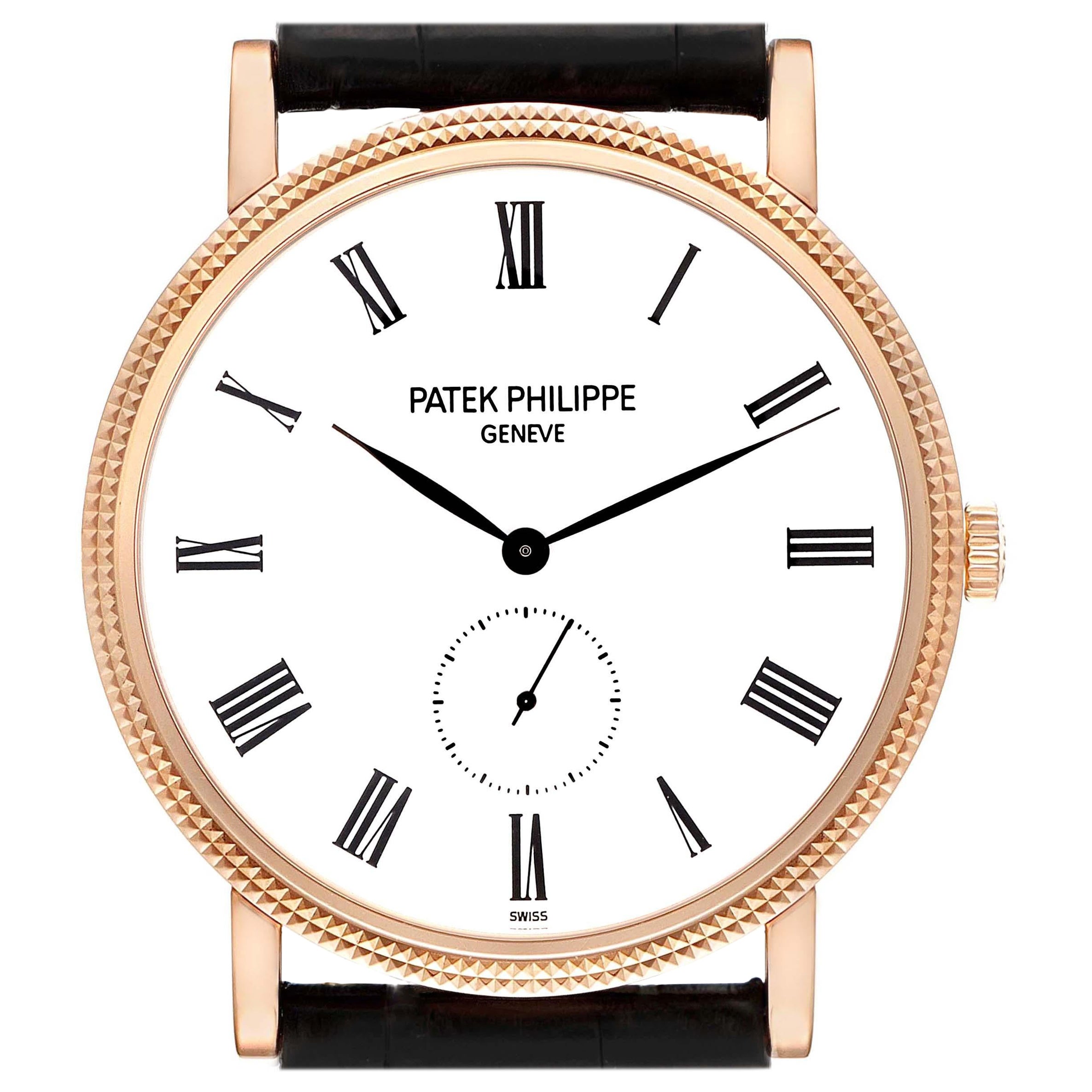 Patek Philippe Calatrava Rose Gold Black Strap Mens Watch 5119