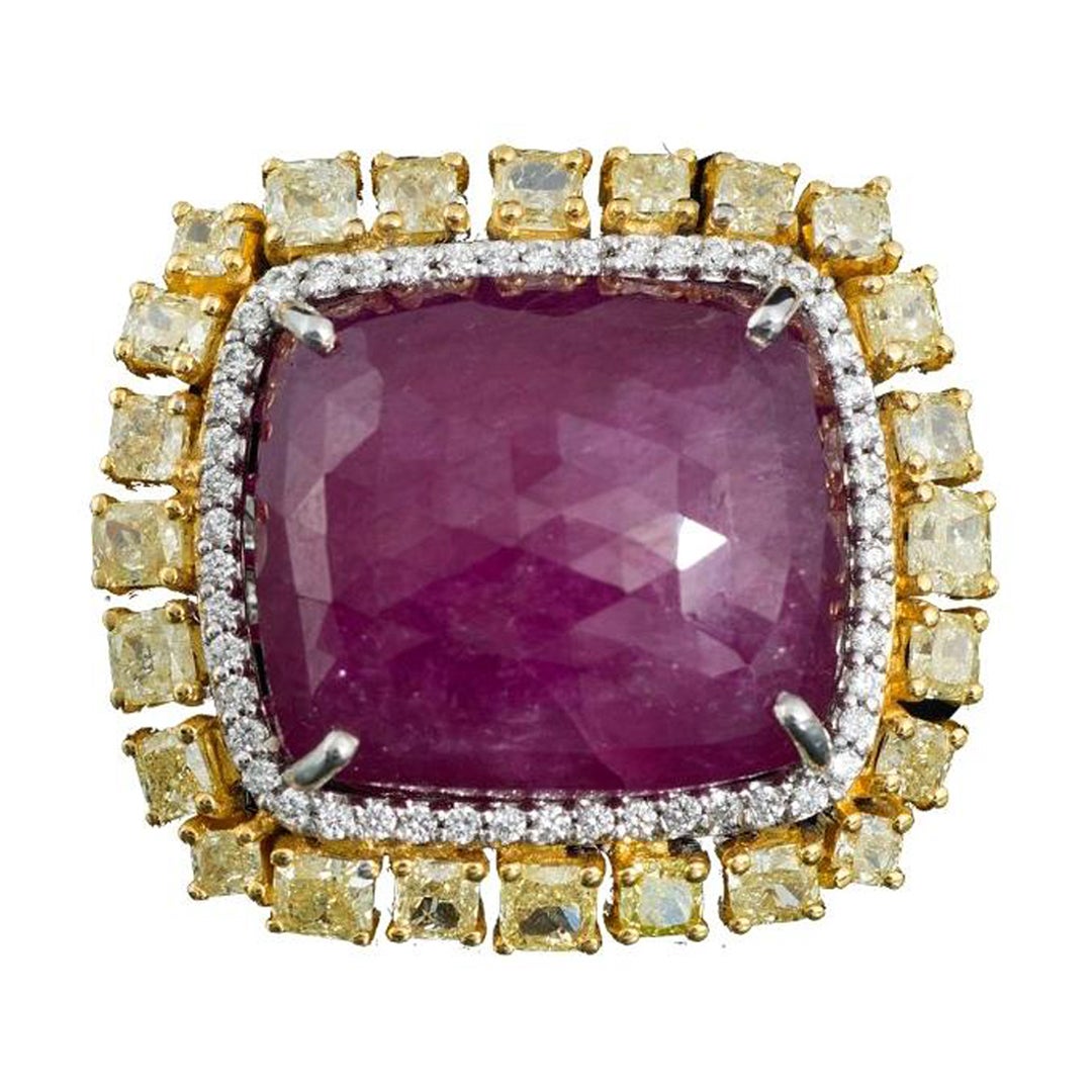 18K Gold, 34.82 Natural Mozambique Ruby and Yellow Diamonds Cocktail Ring