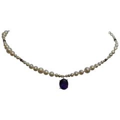 Graduated Pearl, Amethyst, & 14 K Gold Faceted Beads w. Amethyst Stone Pendant