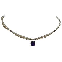 Graduated Pearl, Amethyst, & 14 K Gold Faceted Beads w. Amethyst Stone Pendant 12