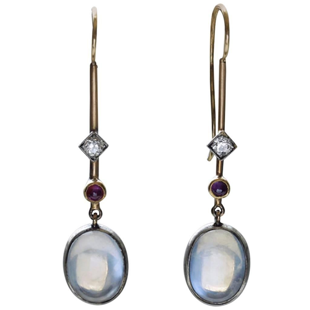 Edwardian 'Skate-Blade' Earrings with Moonstone, Diamond and Ruby For Sale