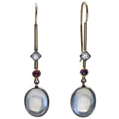 Antique Edwardian 'Skate-Blade' Earrings with Moonstone, Diamond and Ruby
