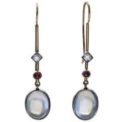 Edwardian 'Skate-Blade' Earrings with Moonstone, Diamond and Ruby