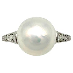 Antique Belle Époque Ring Natural Oriental Pearl Platinum Diamonds 