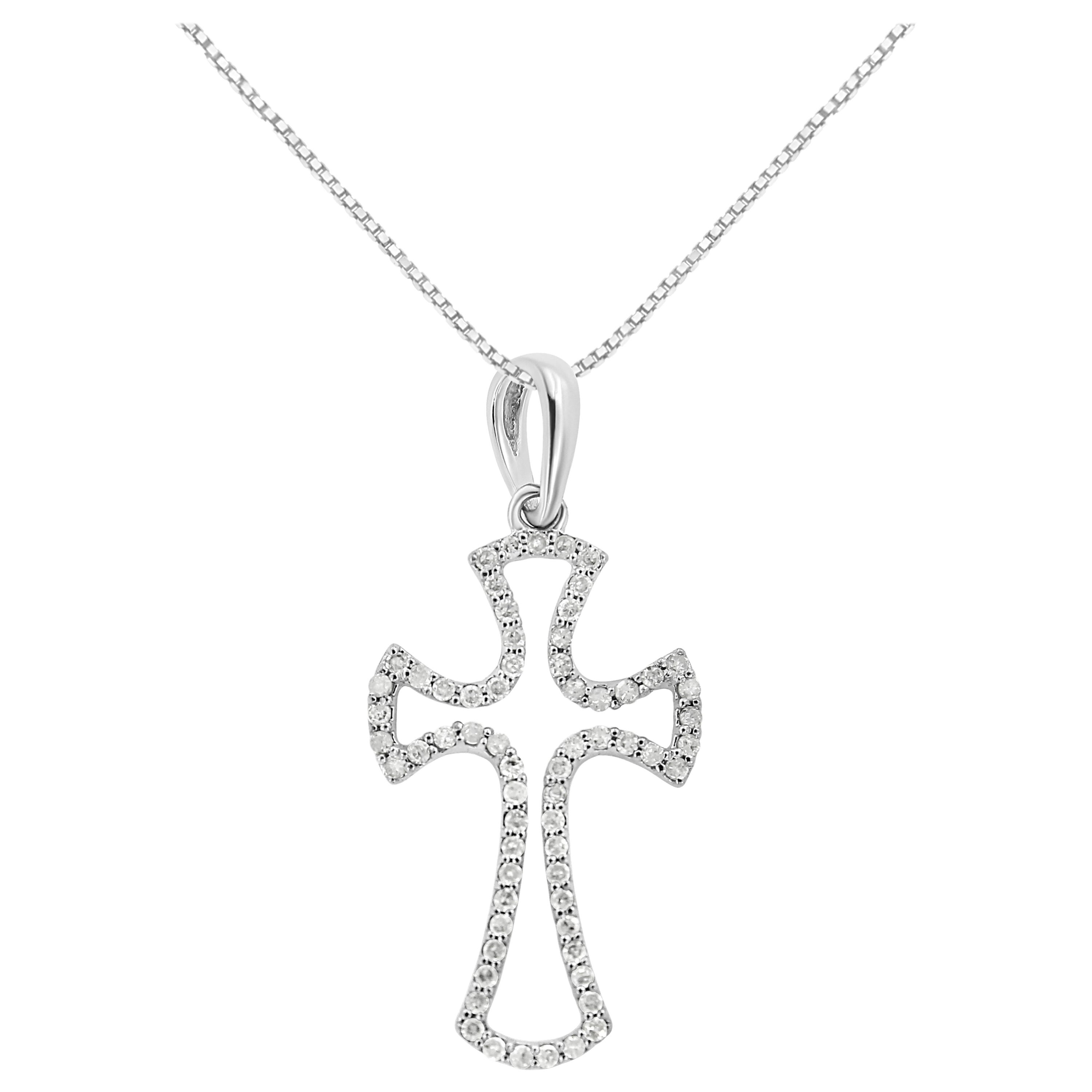 .925 Sterling Silver 1/3 Carat Diamond Framed Open Cross Pendant Necklace For Sale