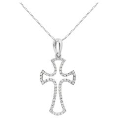.925 Sterling Silver 1/3 Carat Diamond Framed Open Cross Pendant Necklace