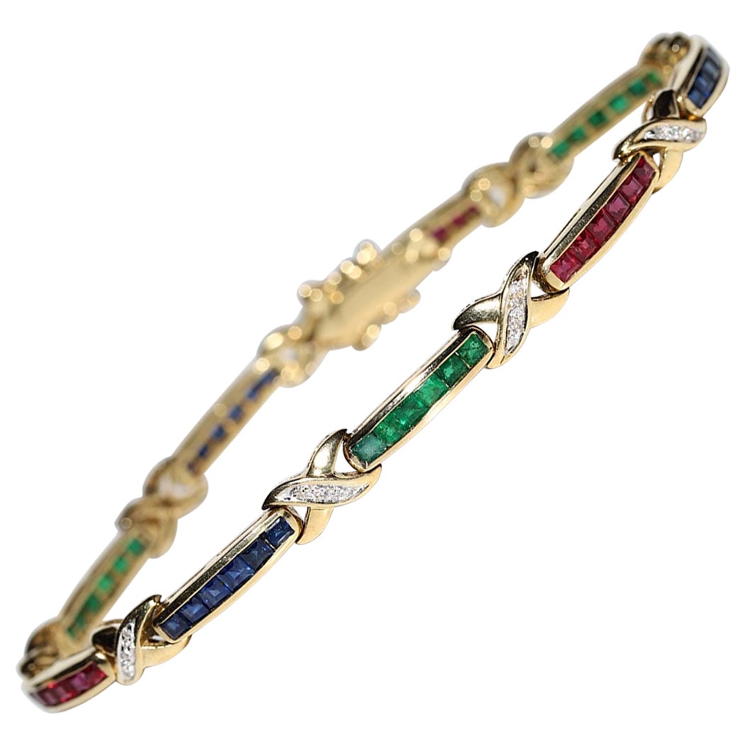 Vintage Circa 18k Gold Natural Diamond And Ruby Sapphire And Emerald Bracelet  For Sale