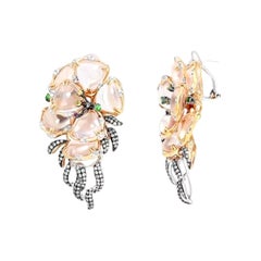 Pendientes Chic Cuarzo Rosa Zafiro Amarillo Granate Diamante Oro Blanco 14K para Ella