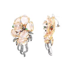 Boucles d'oreilles Chic Quartz Rose Saphir Jaune Grenat Diamant Or Blanc 14K pour Elle