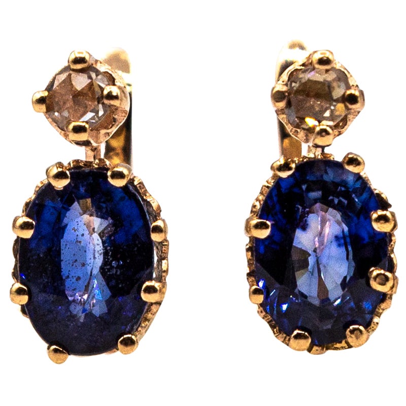 Art Deco Style White Rose Cut Diamond Blue Sapphire Yellow Gold Dangle Earrings For Sale