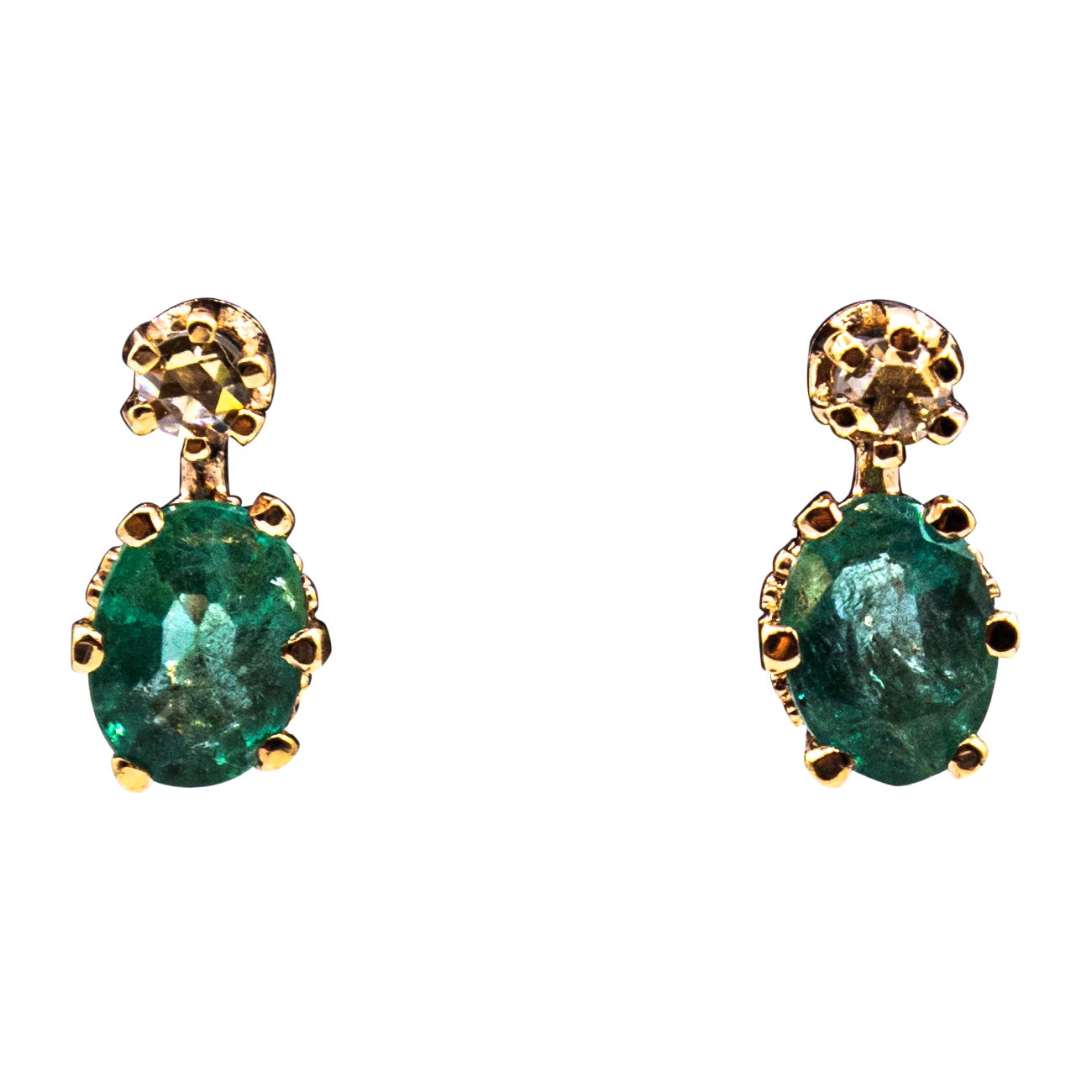 Art Deco Style White Rose Cut Diamond Emerald Yellow Gold Lever-Back Earrings For Sale