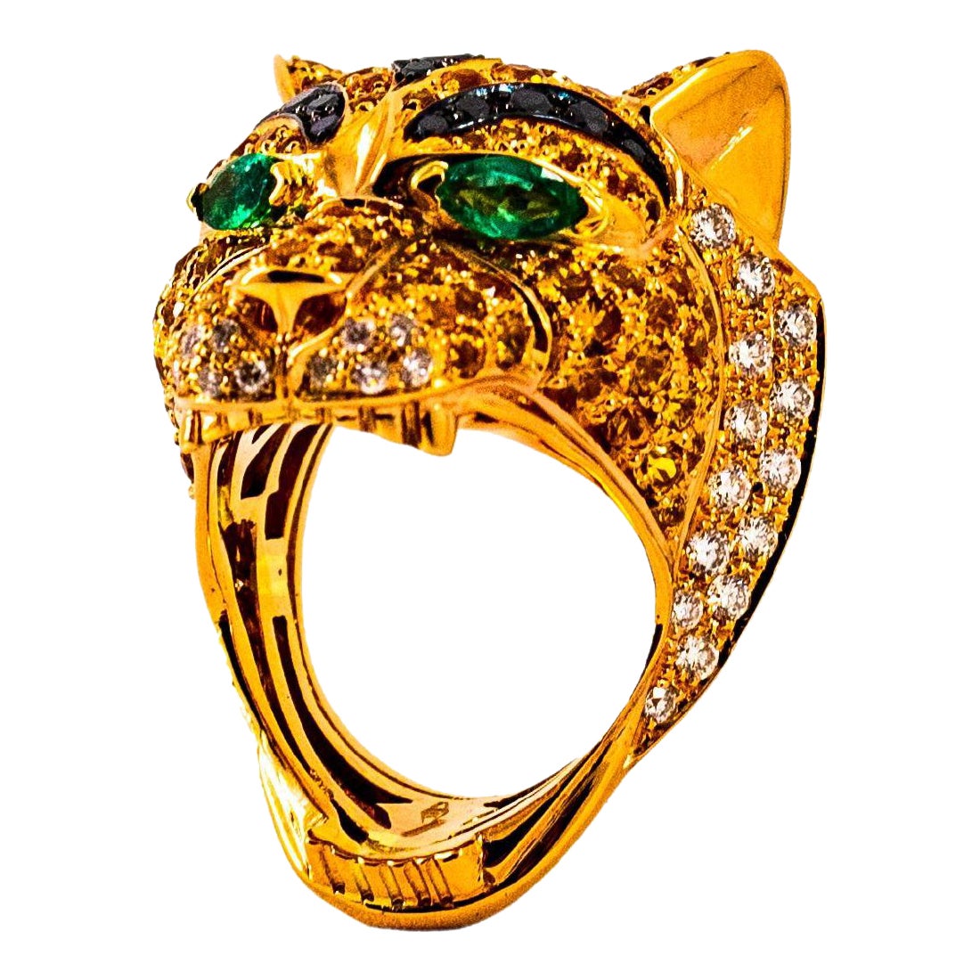 Art Nouveau Yellow Sapphire Emerald Black White Diamond Yellow Gold Tiger Ring For Sale