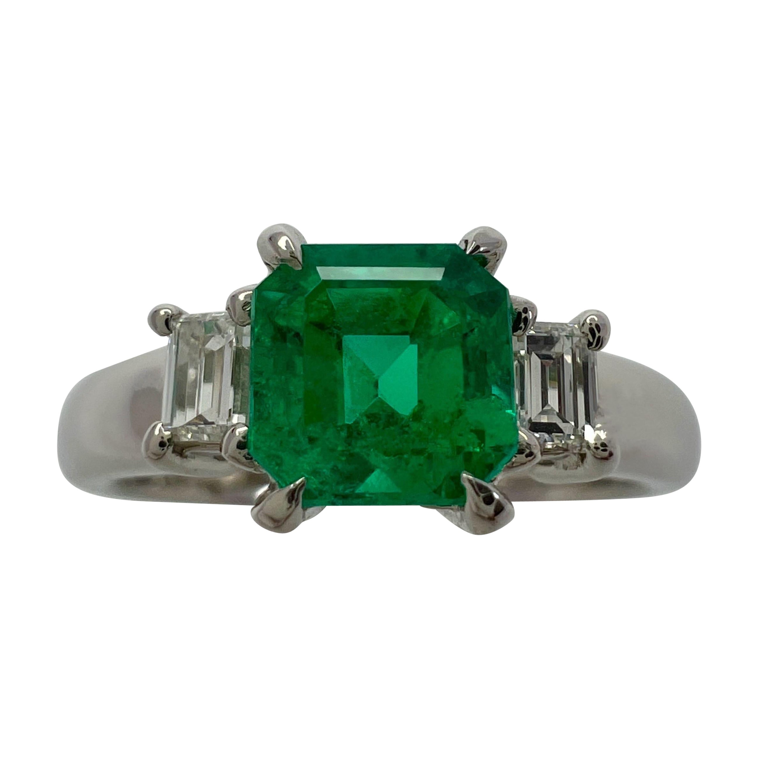 1.04ct Fine Green Colombian Emerald And Diamond Platinum Three Stone Ring
