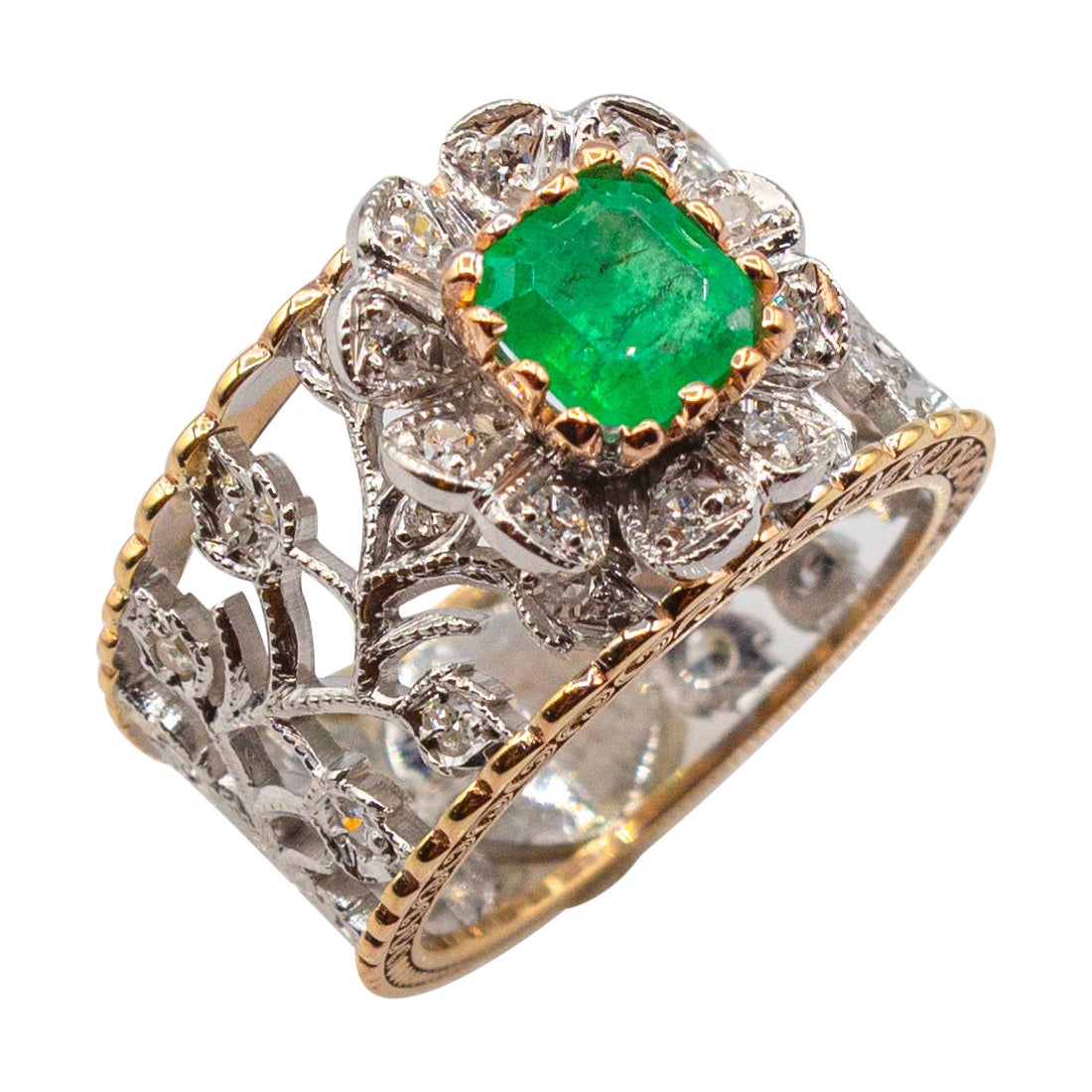 Art Deco Style White Modern Round Cut Diamond Emerald Yellow Gold Band Ring For Sale