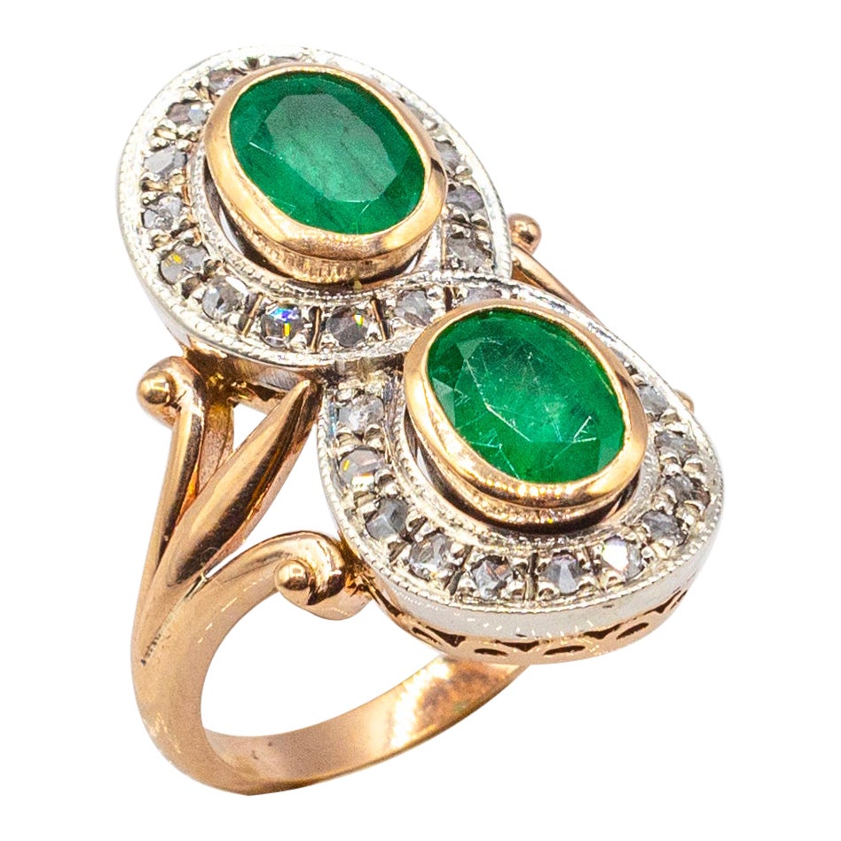 Art Deco Style White Rose Cut Diamond Oval Cut Emerald Yellow Gold Cocktail Ring For Sale