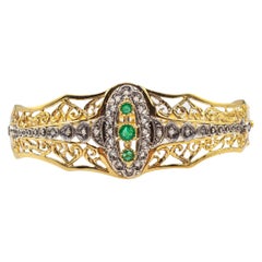 Art Deco Style Handcrafted White Rose Cut Diamond Emerald Yellow Gold Bracelet