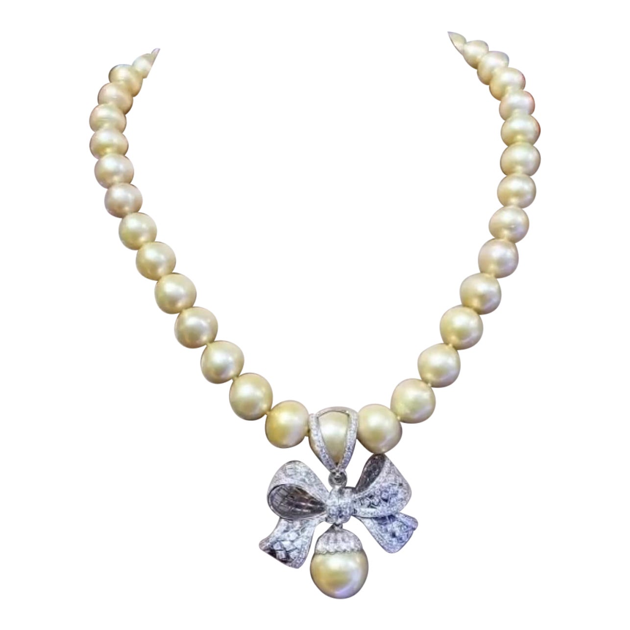 GIT Certified Golden South Sea Pearls  Diamonds 18K Gold Necklace  