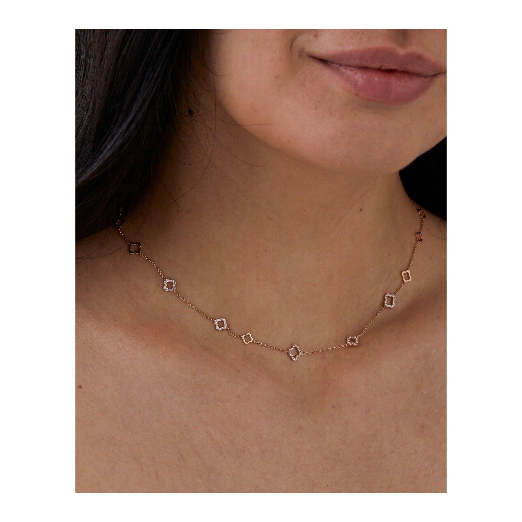 Genuine Diamond Open Clover Necklace Collana in oro massiccio 14k Lucky Flower Gift