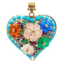 Art Nouveau Style Diamond Ruby Emerald Sapphire Yellow Gold "Flowers" Pendant