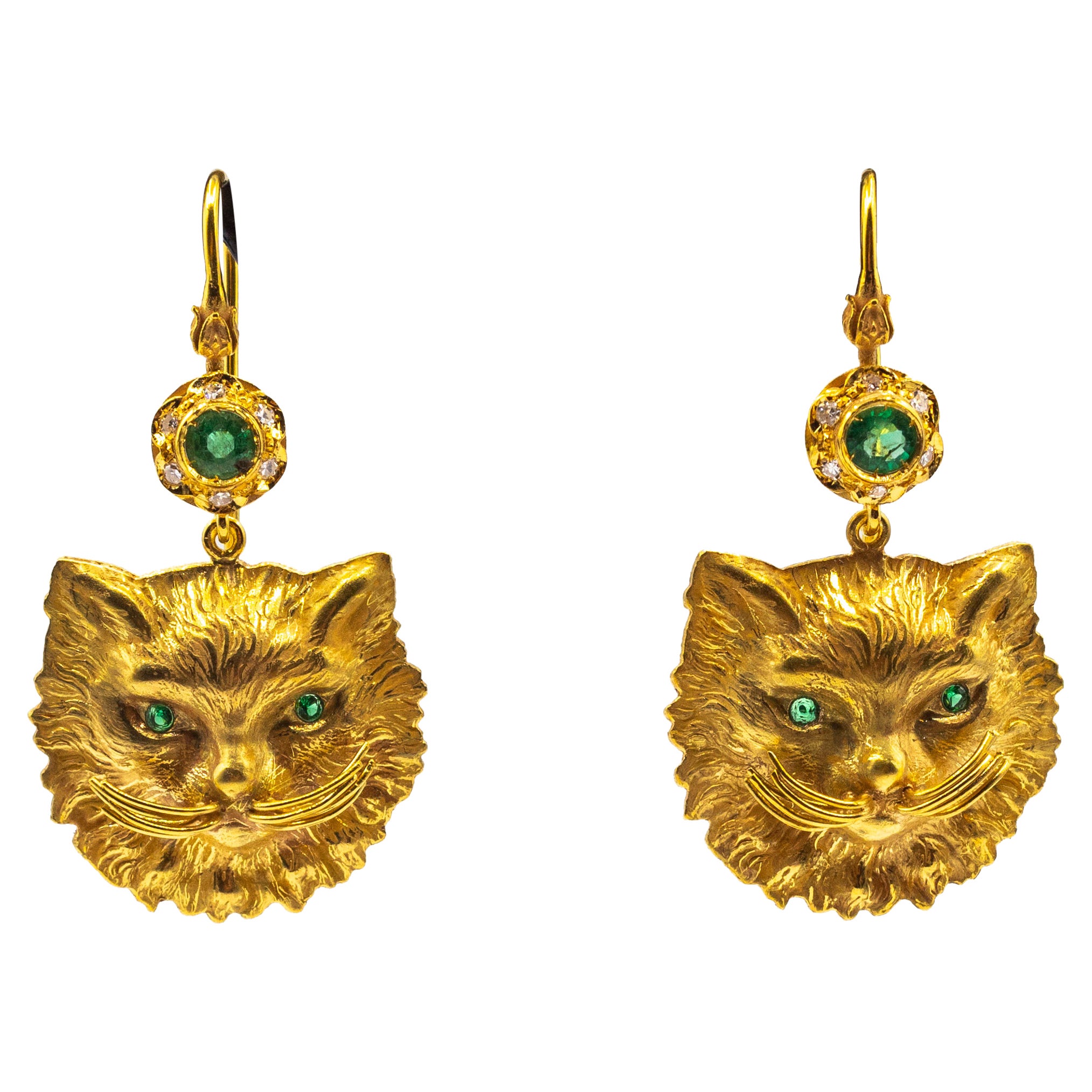 Art Nouveau Style Handcrafted White Diamond Emerald Yellow Gold "Cat" Earrings For Sale