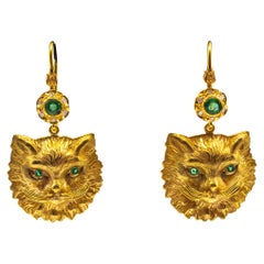 Retro Art Nouveau Style Handcrafted White Diamond Emerald Yellow Gold "Cat" Earrings