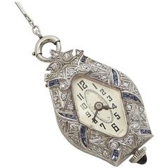 Platinum Art Deco Diamond, Sapphire Ladies Pendant Watch