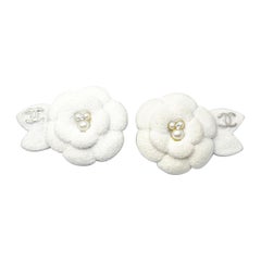 Chanel Silver CC Ivory Camellia Flower Clip on Earrings