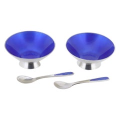 Retro Pair of Signed Danish Modern Sterling Silver & Blue Enamel Salt Cellars & Spoons