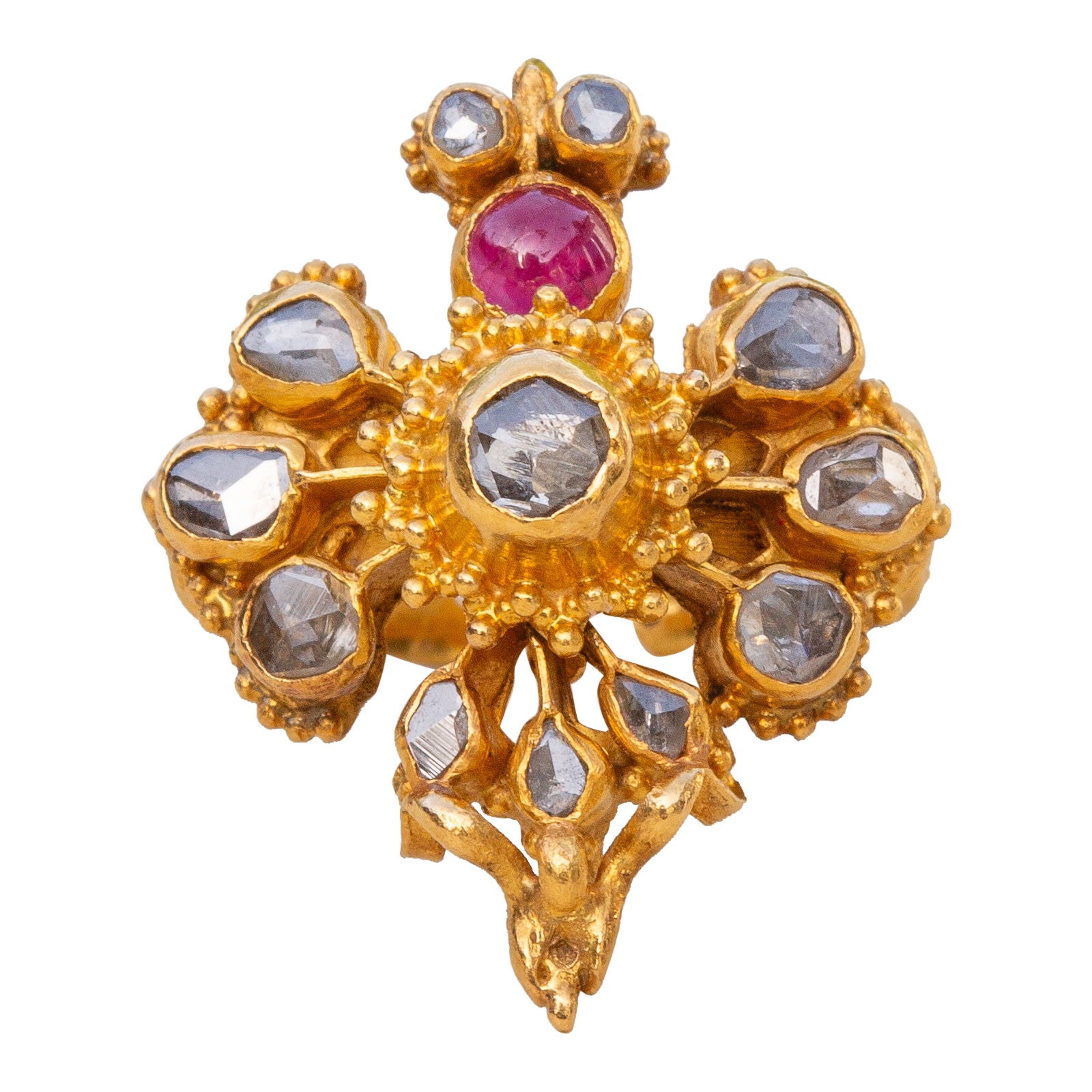 Antique Thai Siam 19th Century Gold Rose Cut Diamond and Ruby Garuda Bird Ring  For Sale