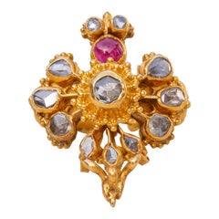 Antique Thai Siam 19th Century Gold Rose Cut Diamond and Ruby Garuda Bird Ring 