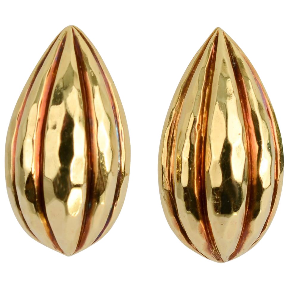 Henry Dunay Hammered Gold Pear Shaped Earrings For Sale