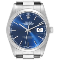 Rolex Datejust Blue Dial Smooth Bezel Steel Mens Watch 16200 Box Papers