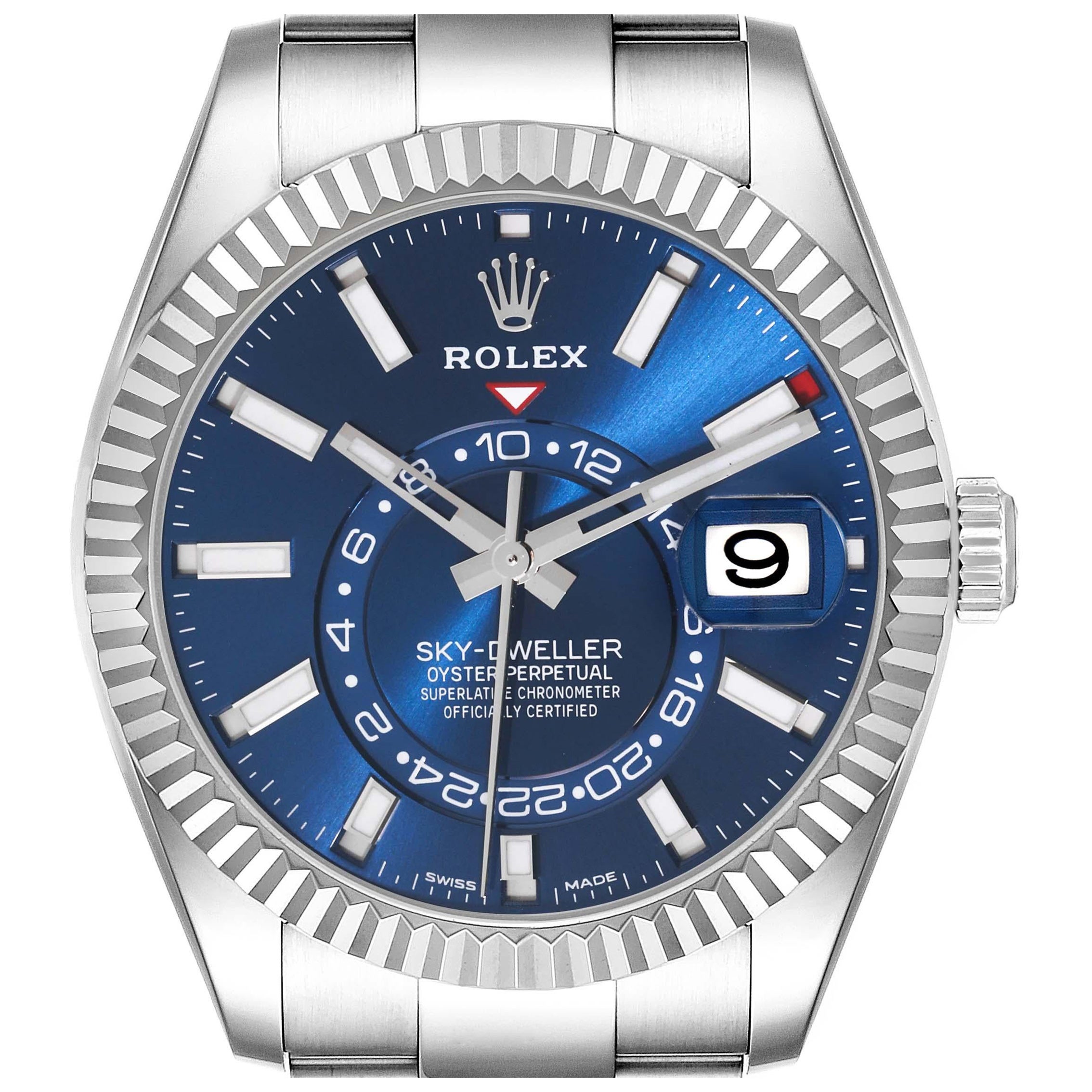 Rolex Montre Sky-Dweller bleue à cadran en acier et or blanc pour hommes 326934 avec carte de visite en vente