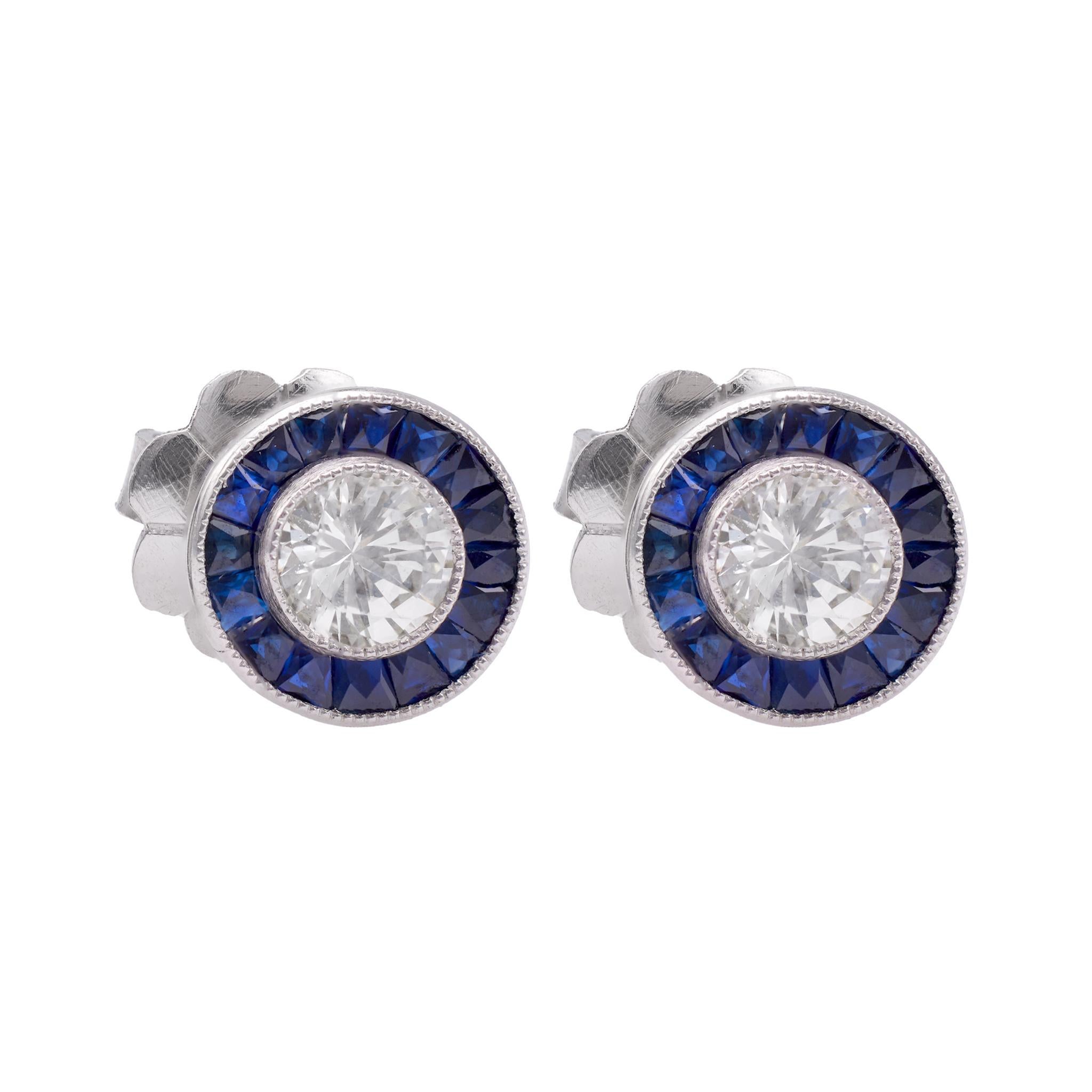 Art Deco Inspired Diamond and Sapphire Target Stud Earrings For Sale