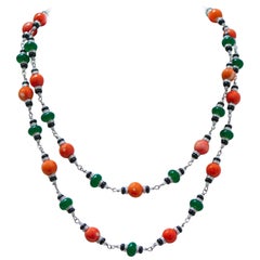 Coral, Green Agate, Diamonds, Onyx, White Gold Necklace.