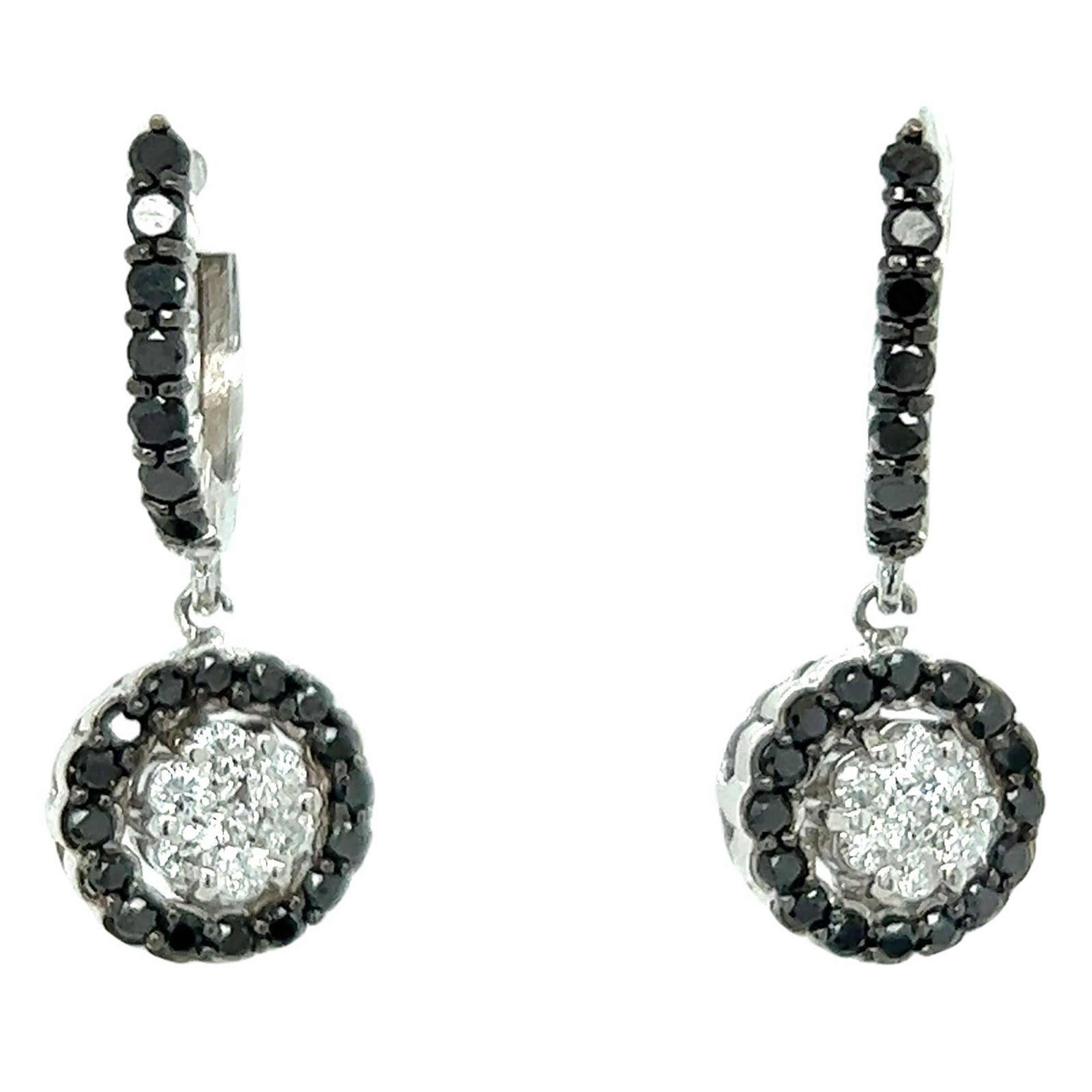 1.27 Carat Black Diamond White Diamond White Gold Dangle Earrings For Sale