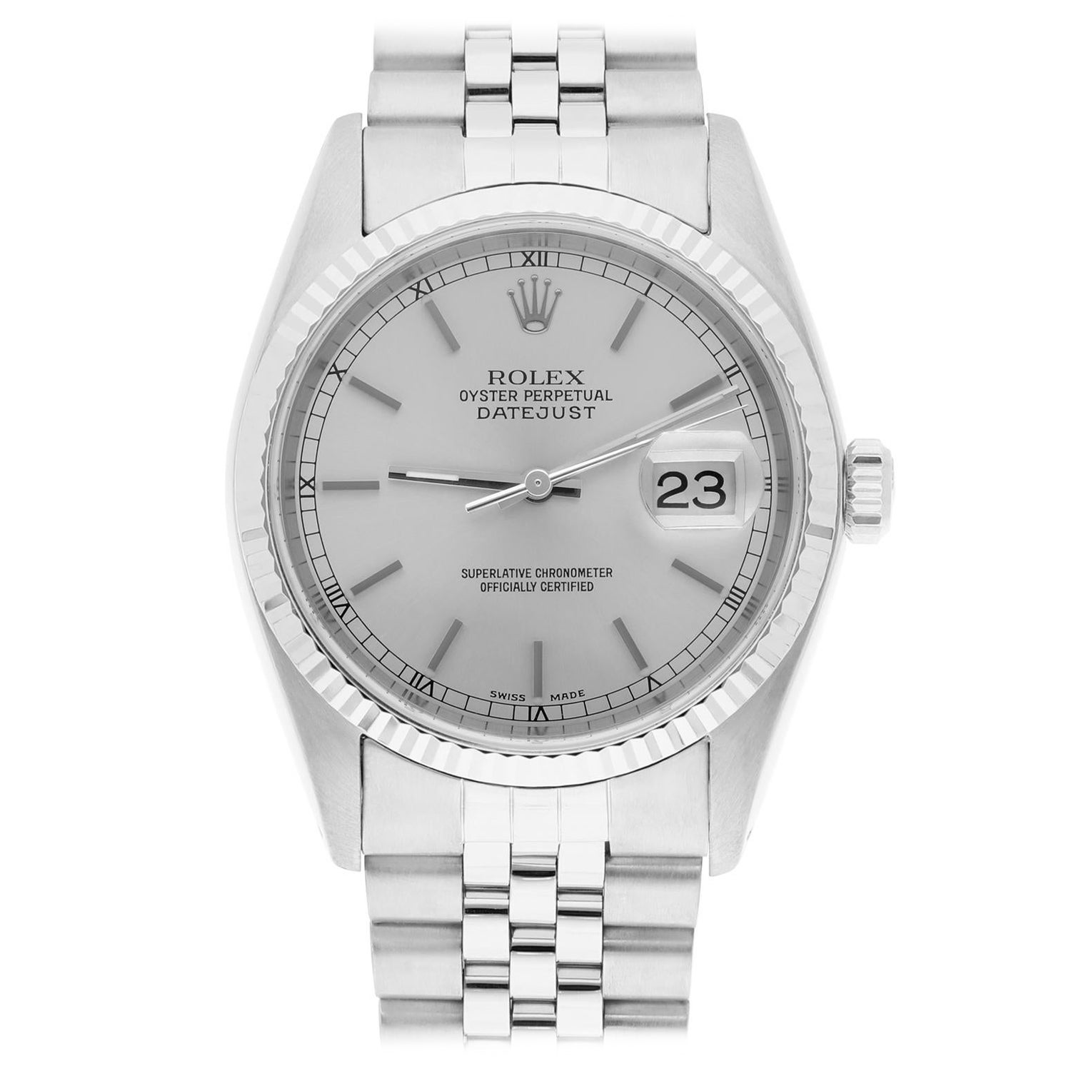 Rolex Datejust 36mm Acier inoxydable 16014 Index Silver RT Dial, Circa 1984 en vente